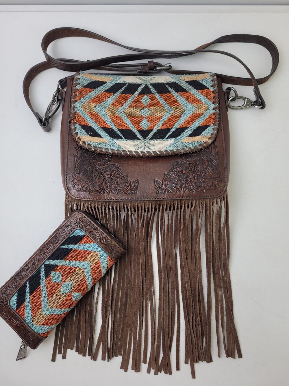 Shyanne Western Tooled Leather Fringe Southwestern Print Crossbody Bag & Wallet